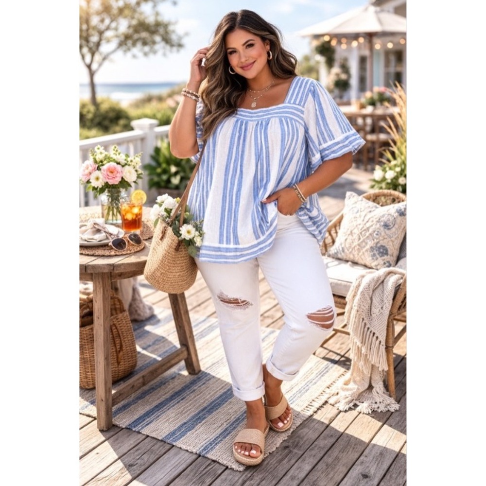 Old Navy Blue White Stripe Linen Blend Square Neck Puff Sleeve Peasant Blouse XL